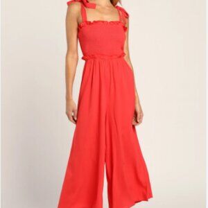 NWT Lulus Perfect Moments Bright Red Smocked Tie-Strap Culotte Jumpsuit Large